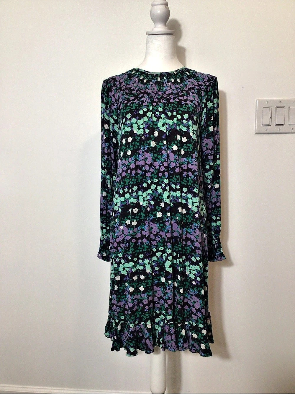 LOFT Floral Smocked Flounce Dress Black & Purple Size